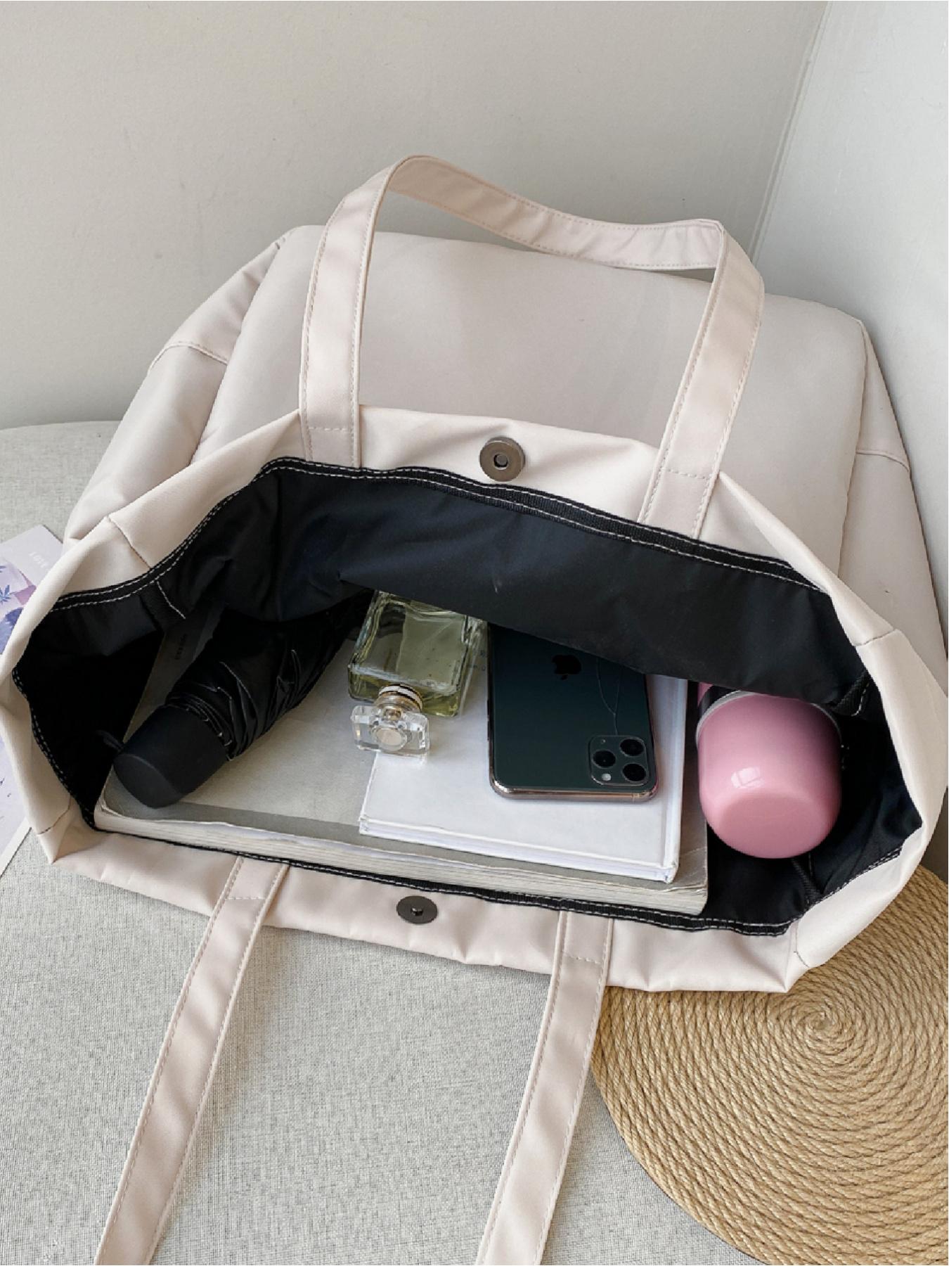 Large capacity drawstring design shoulder bag solid color with letters simple casual tote bag handbag shopping bag travel bag