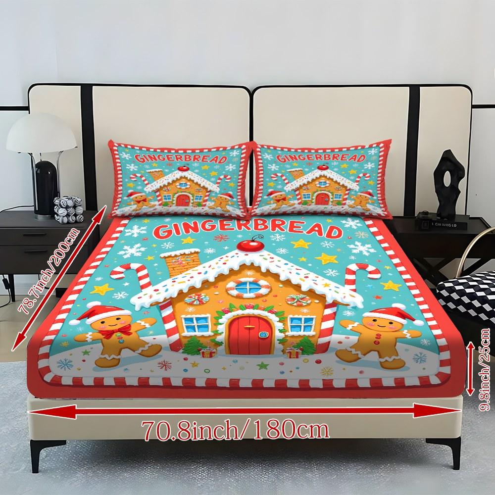 Fitted Sheet 3-Piece Set 2D Flat Gingerbread Man Pattern Mattress Cover (1 fitted sheet + 2 pillowcases, no insert), stylish, soft, and comfortable sheets, skin-friendly and breathable bedding, suitable for family bedrooms and guest rooms, all year round.