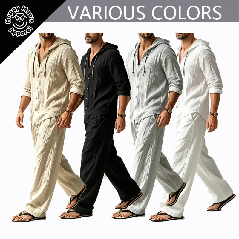 2-Piece Set Men's lightweight TrendyHooded, Made From Soft Linen, CasualVacation Style, Loose Fit BreathableFabric,Long Hoodie & Wide-Leg Pants,Summer Wear outdoorfun Sweatshirt ClothesFashion Trouser