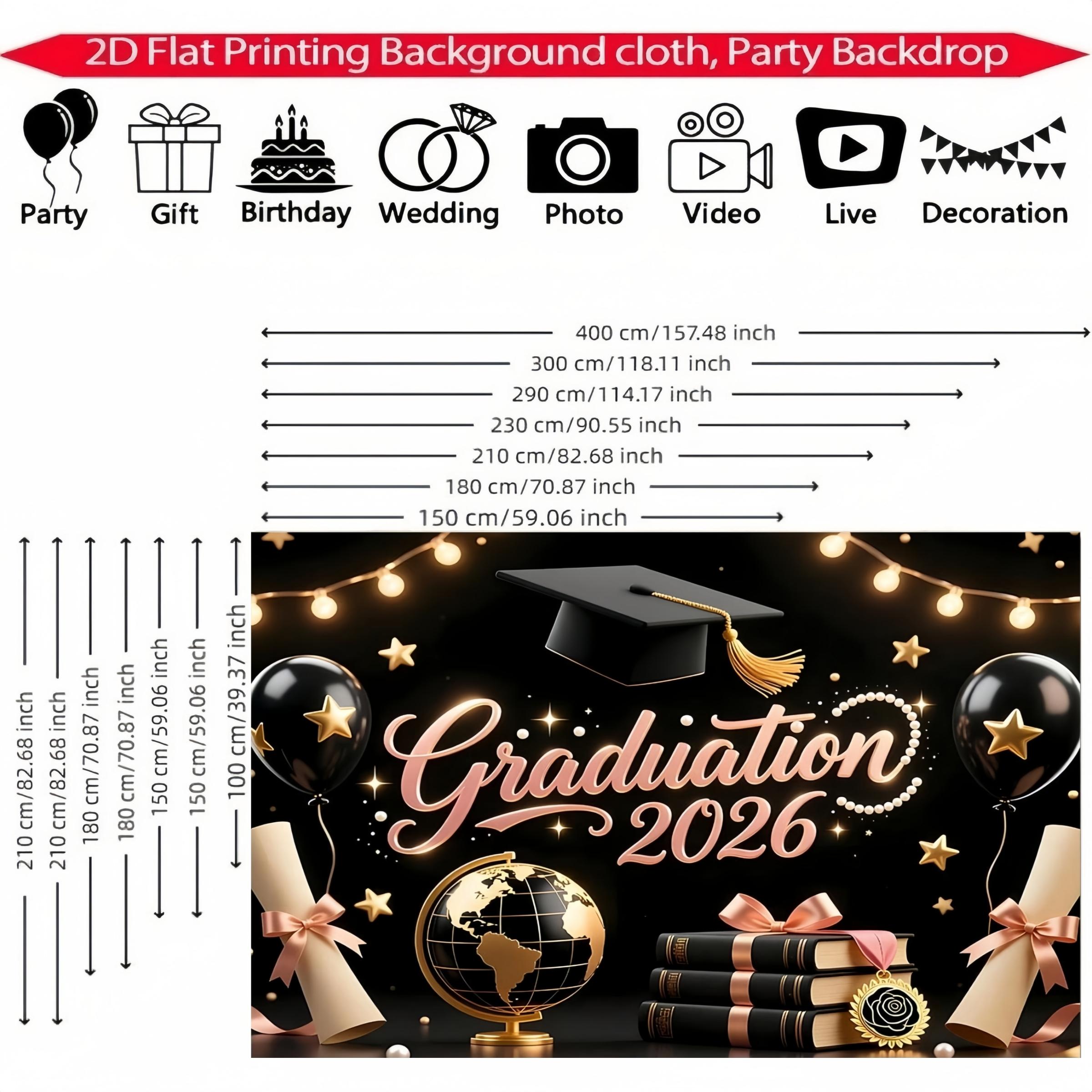 2D Flat Class of 2026 Graduation Decoration Set 1 piece banner + 3 piece door curtain set Polyester material Pink gold bachelor's hat balloon graduation banner 2026 graduation ceremony party photo hanging cloth Campus graduation season atmosphere decorati
