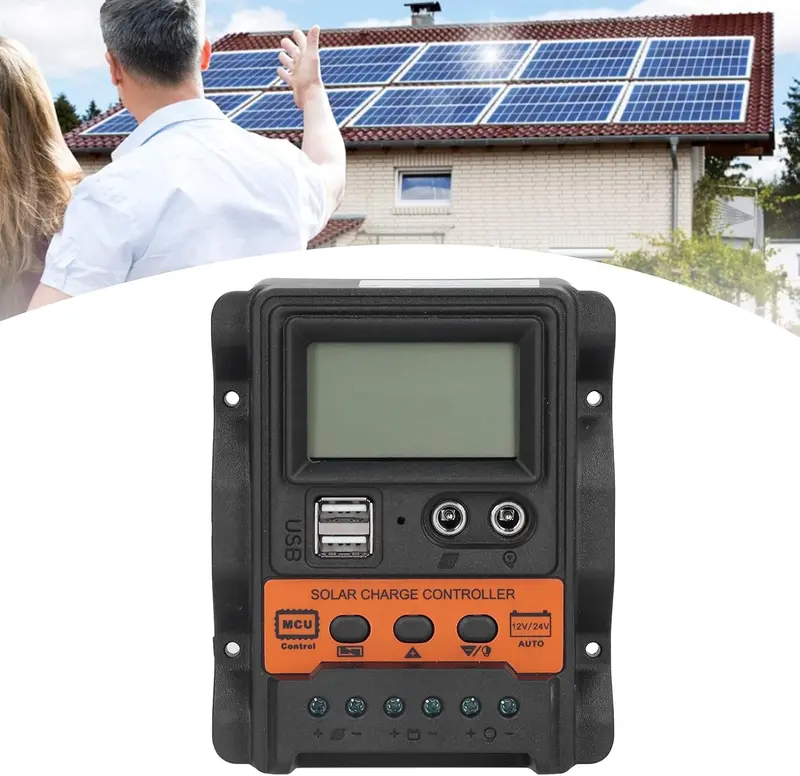 Industrial Grade MCU Control Solar Panel Charge Controller - 12V/24V Auto Mode, 2.5A USB Output, 3-Stage Charging Manag., Anti-Backflow Circuit, Self-Recovery, Ultra-Low Heat Generation, 4.4*4.9in Compact Large LCD Screen for RV, Home Use (Single Unit)