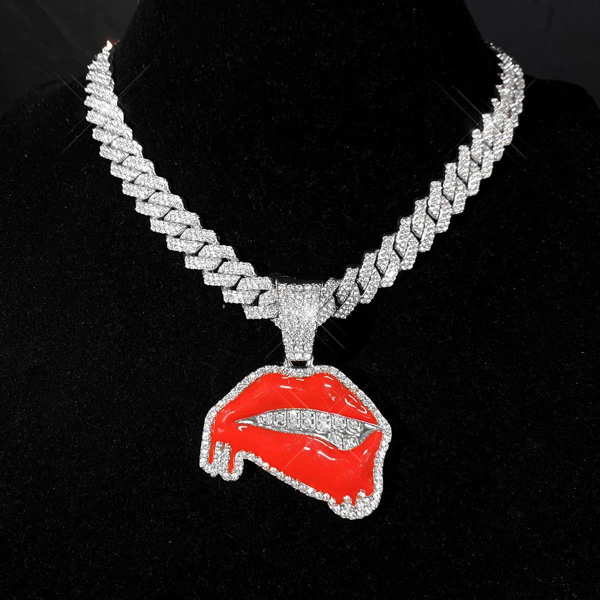 Diamond-studded oil-drip sexy red lip pendant hip-hop personalized creative alloy Cuban chain necklace