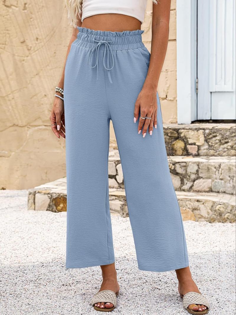 Women's Comfy Drawstring Casual Palazzo Pants, High Waist Cropped Lounge Trousers with Pockets, Fitted Organic Textile, All Seasons, Casual Fashion Trousers