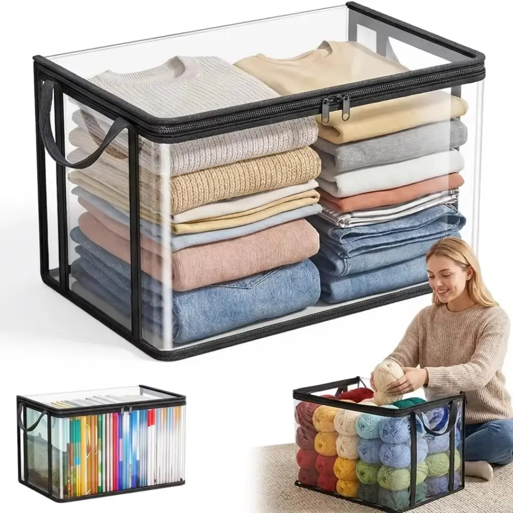 3pcs Foldable Plastic Storage Bags with Hinged Lid - Home Organizers for Clothes Packing, Books, Toys