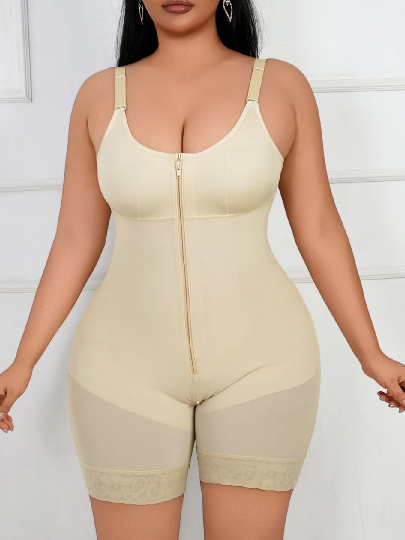 Lace Tummy Control Shapewear Bodysuit, Fajas, Colombian Shapewear, High Compression Shapewear, Butt Lifter Body Shaper With Zipper Crotch, Detachable Shoulder Strap Jumpsuit, Solid Waist Trainer, Underwear, Suitable For Daily Wear, Fitness