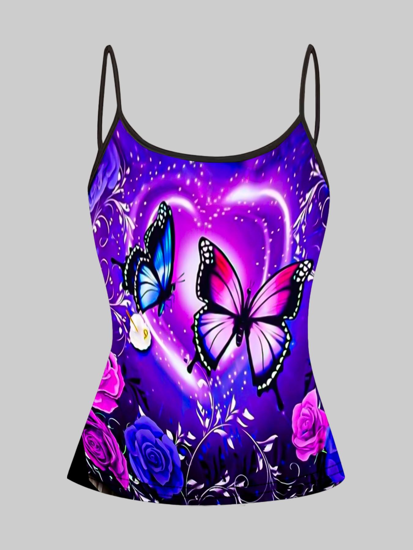Butterfly Heart Print Adjustable Straps, Casual Sleeveless Slim-Fit Top, Home Wear & Outerwear, 4-Piece Set
