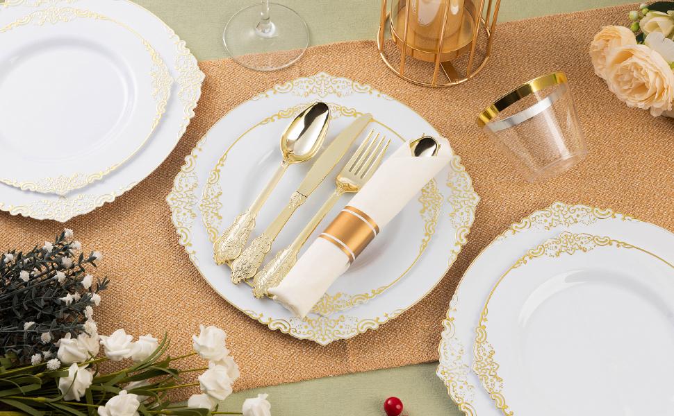 Elegant Gold Plastic Plates for 50 Guests 100 Rim Plates 50 Silverware Sets 50 Napkins Disposable Cups Engagement Tray Ideal for Weddings Parties Christmas Vintage Gold Rim Design Durable and Reliable