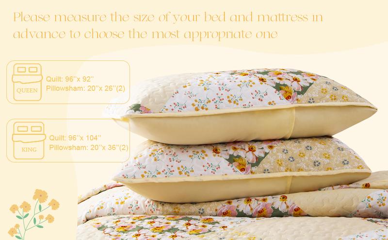 Exclusivo Mezcla Reversible Boho Quilt Set, 3 Pieces Plaid Patchwork All Season Bedspreads, Ultra Soft Floral Coverlet Bedding Set with Printed Pattern (1 Quilt, 2 Pillow Shams)