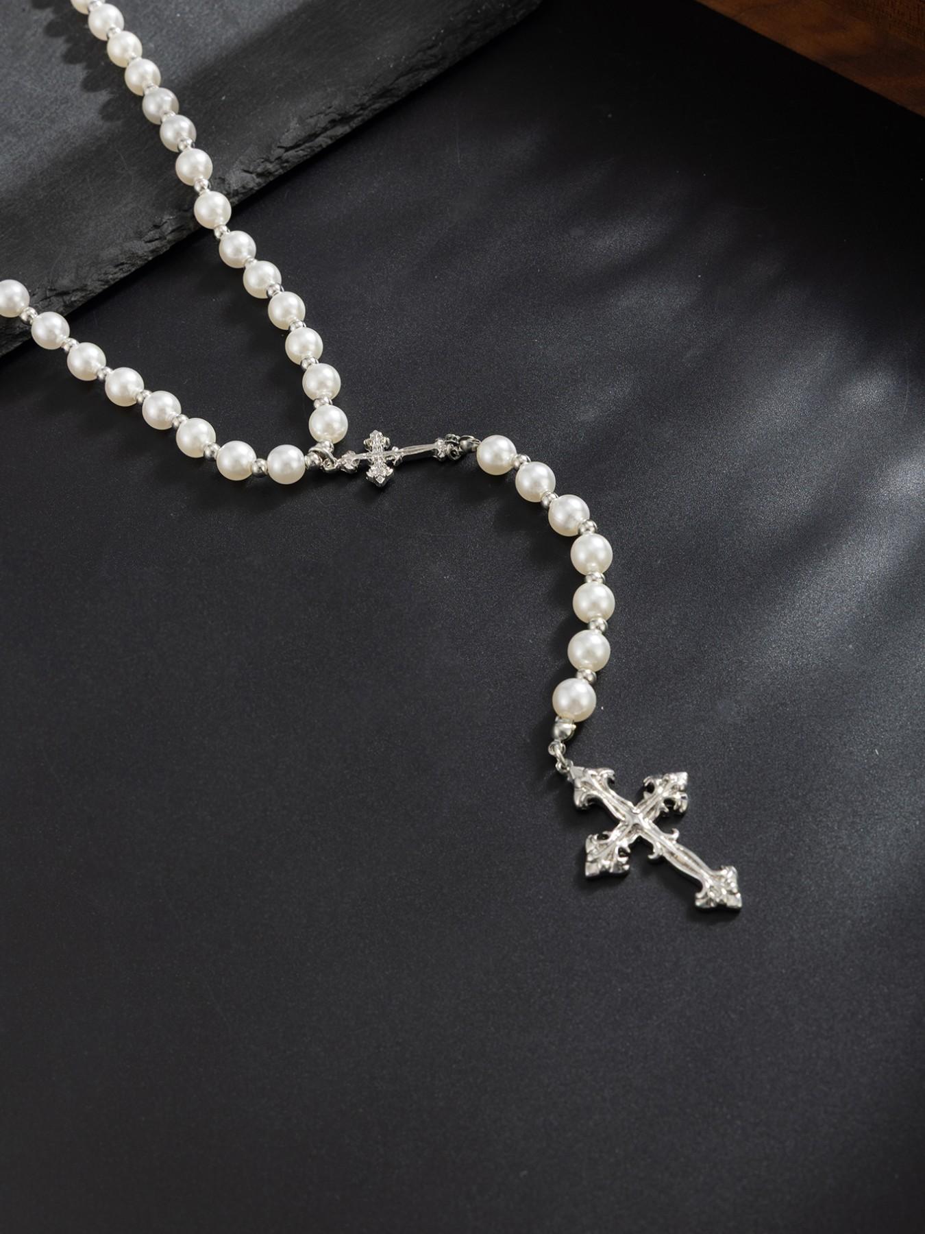 American Vintage Cross Pearl Y-Shape Necklace, Antique Silver Color Pendant, Hip-Hop Men's Accessory, Subculture Fashion Jewelry