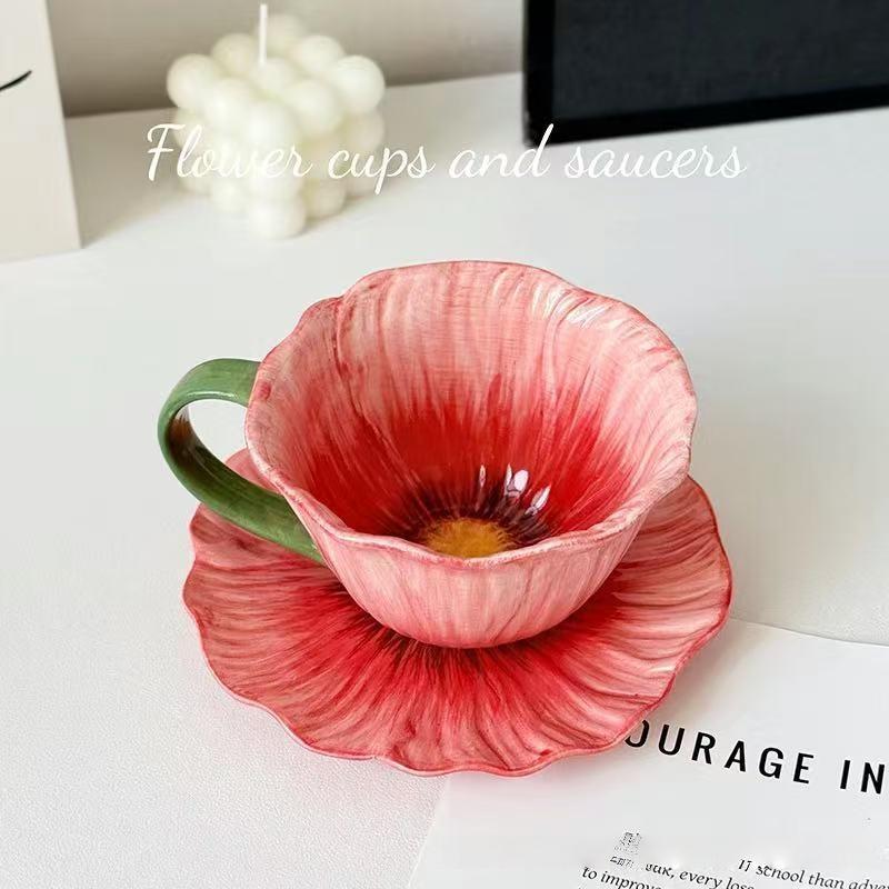 Elegant Coffee Cup Set for Women, Unique Design Ceramic Espresso Cups & Saucers, Perfect Gift for Afternoon Tea, Ceramic Matcha Set