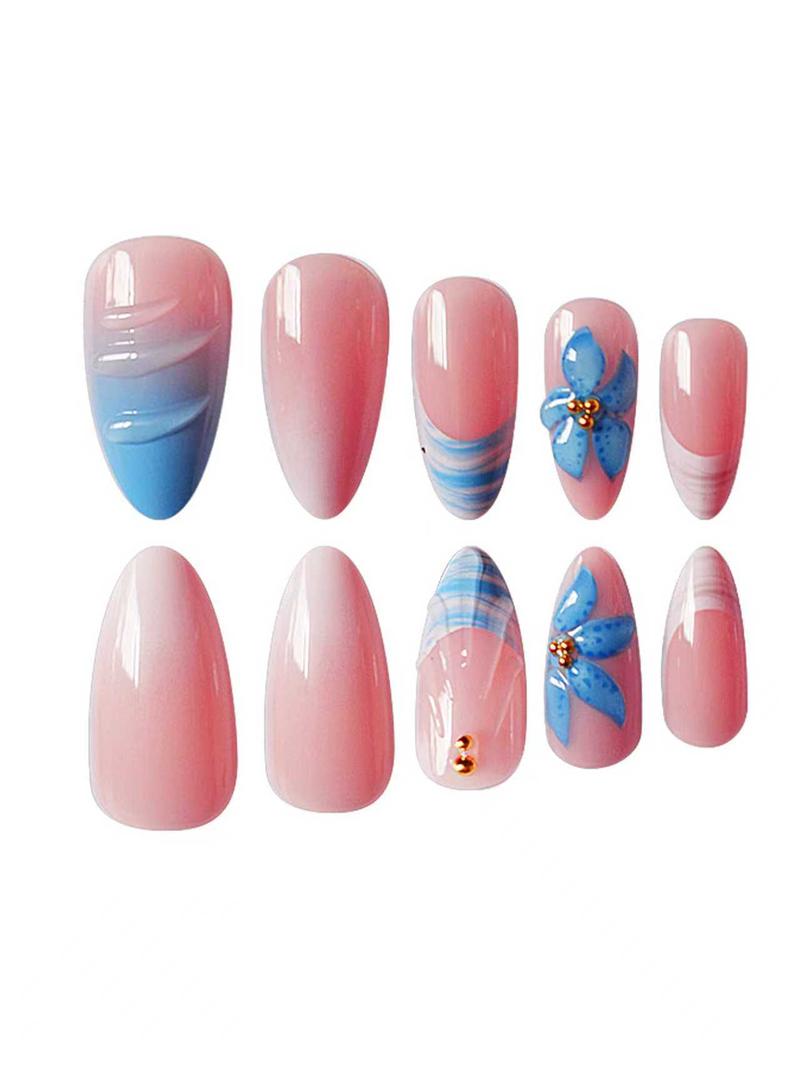 24pcs Almond Press-On Nails, Glossy Blue Gradient Design, Starfish Shell Flower Decorations, Easy Apply Nail Art Set for Women & Girls Gift