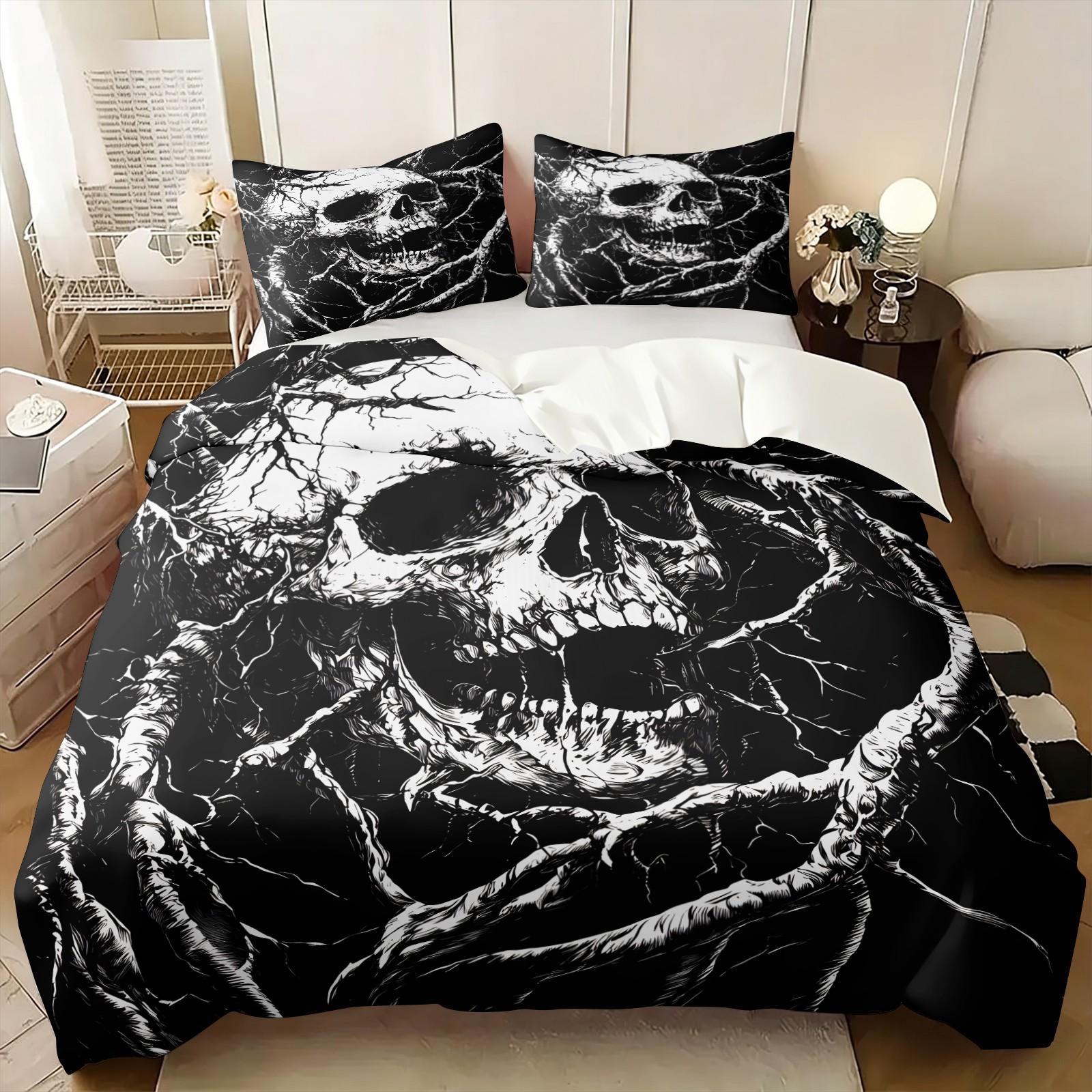 Black White Horror Skull Decorative Duvet Cover Set 3 Pieces No Filler, 1 Duvet Cover + 1-2 Coreless Pillowcases, Vintage Twisted Root Skeleton Print, Breathable Soft Comfy Dark Gothic Bedroom Bedding