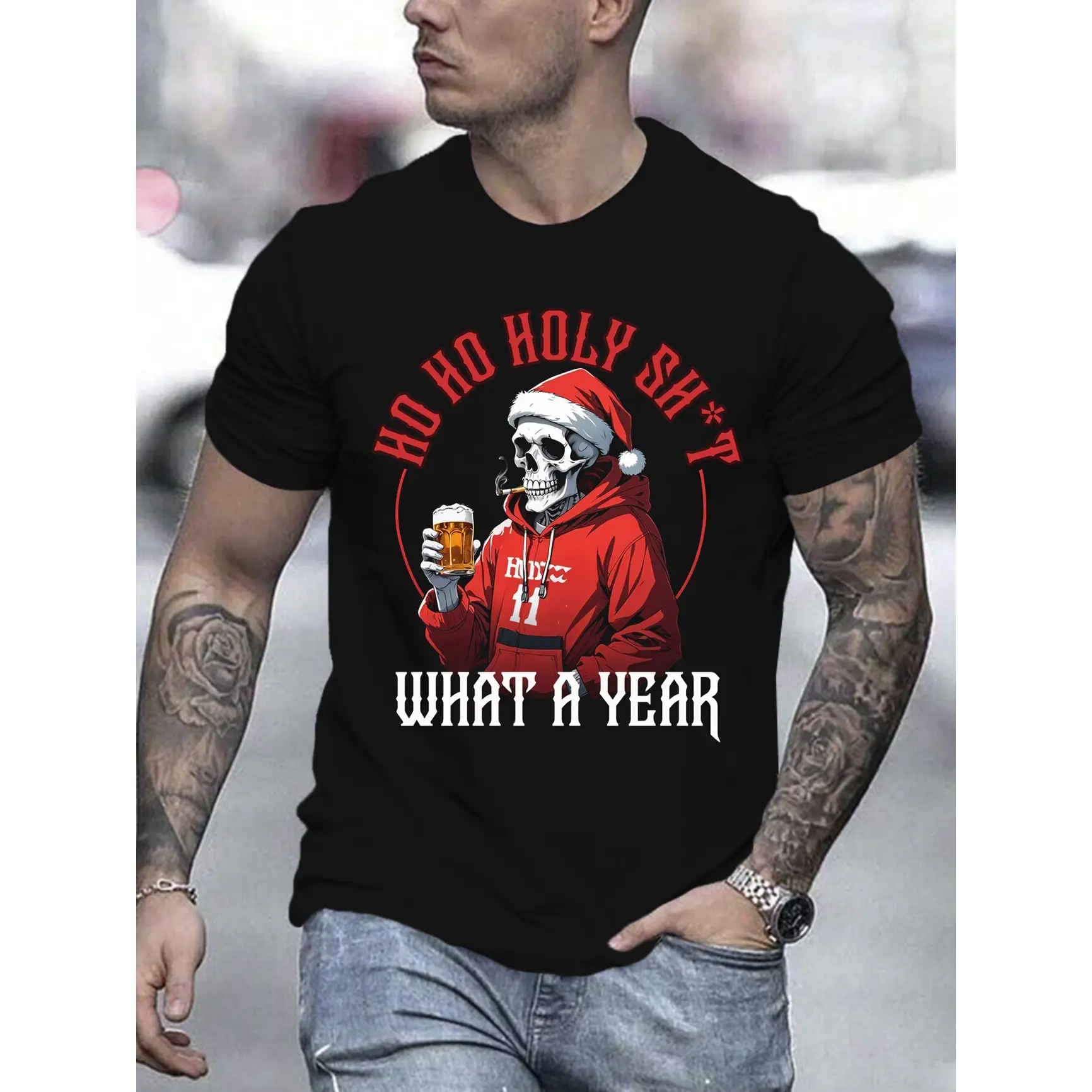 Christmas Santa Skeleton Beer Graphic Oversized Comfort Cotton T-Shirt, Xmas Fashion Outfit, Perfect Christmas Holiday Gift For Him Her Lovers Family Friends Winter Present
