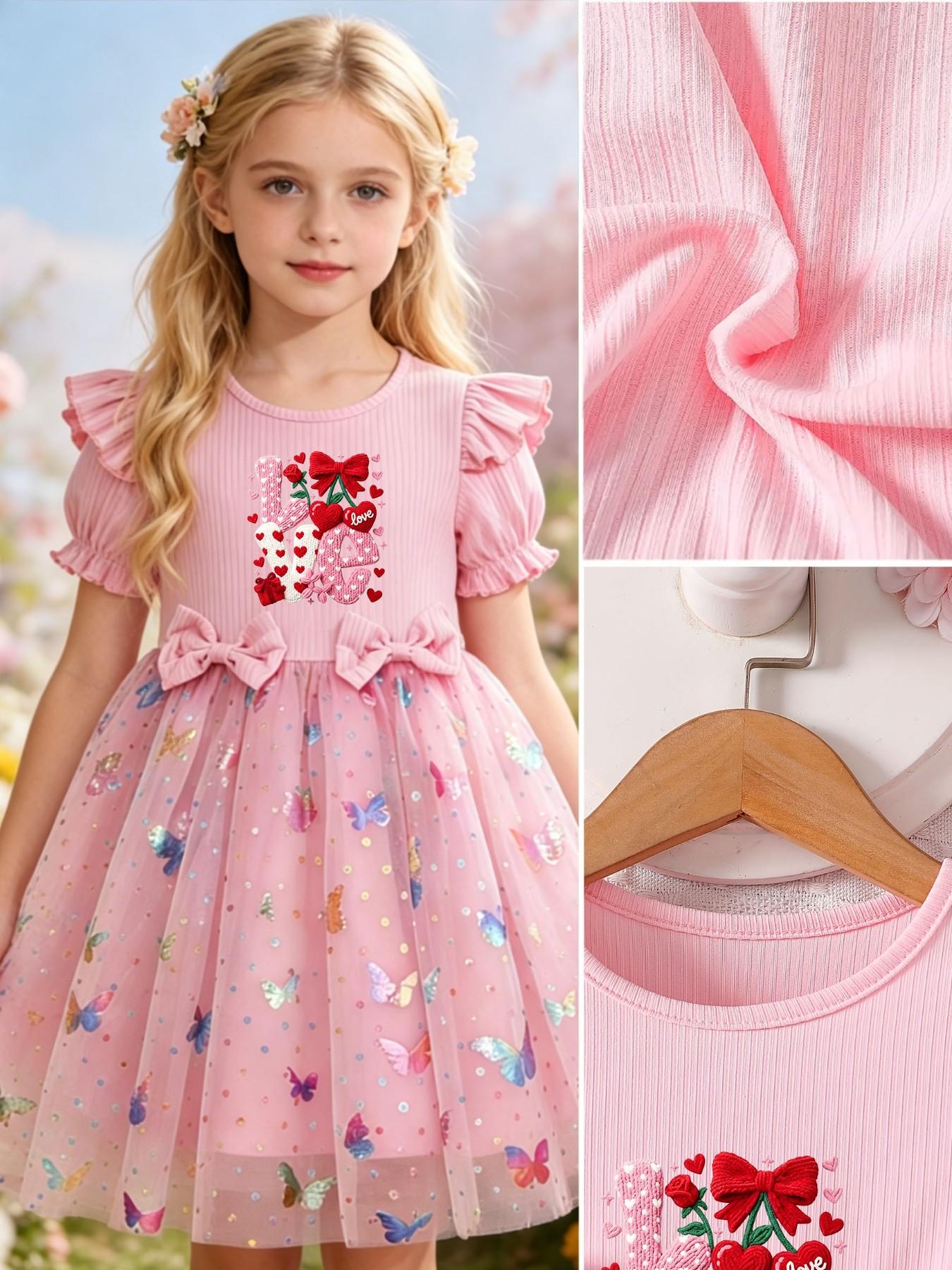Girls' Elegant Princess Dress, Cartoon Butterfly Print, Slim-Fitting Summer Gown, Perfect for Easter, Valentine's Day, Parties, Gifts, Birthdays