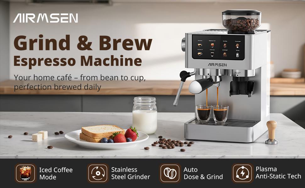 AIRMSEN Espresso Coffee Machine with Grinder,20 Bar,Household Stainless Steel, Professional Espresso Maker with Removable Water Tank,Milk Frother BCM2316