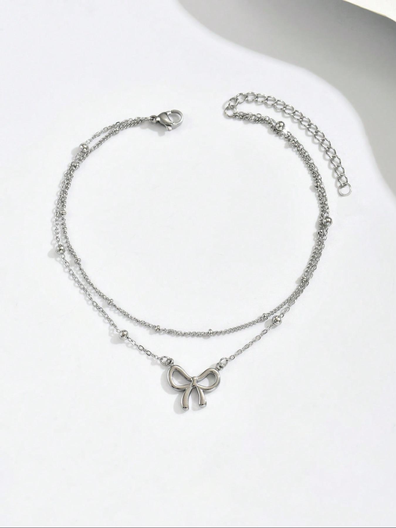 Fashion Double Layer Bow Design Anklet, Boho Anklet, Stainless Steel Foot Jewelry for Women & Girls, Elegant All-match for Daily Wear