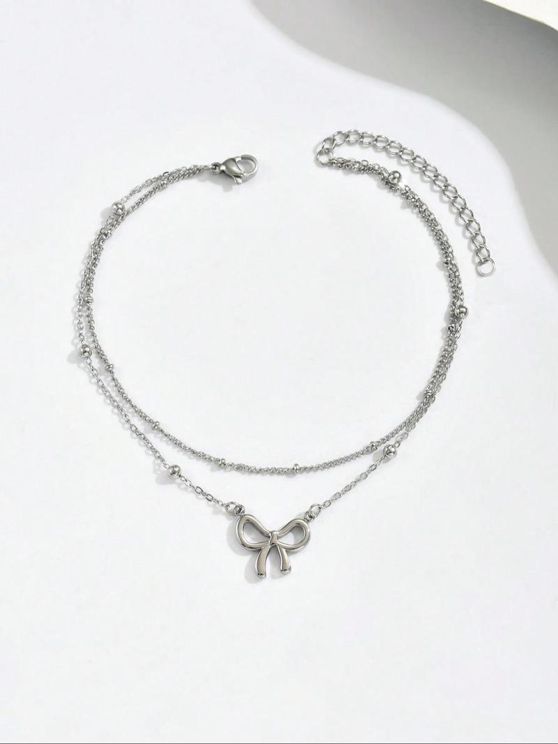 Fashion Double Layer Bow Design Anklet, Boho Anklet, Stainless Steel Foot Jewelry for Women & Girls, Elegant All-match for Daily Wear