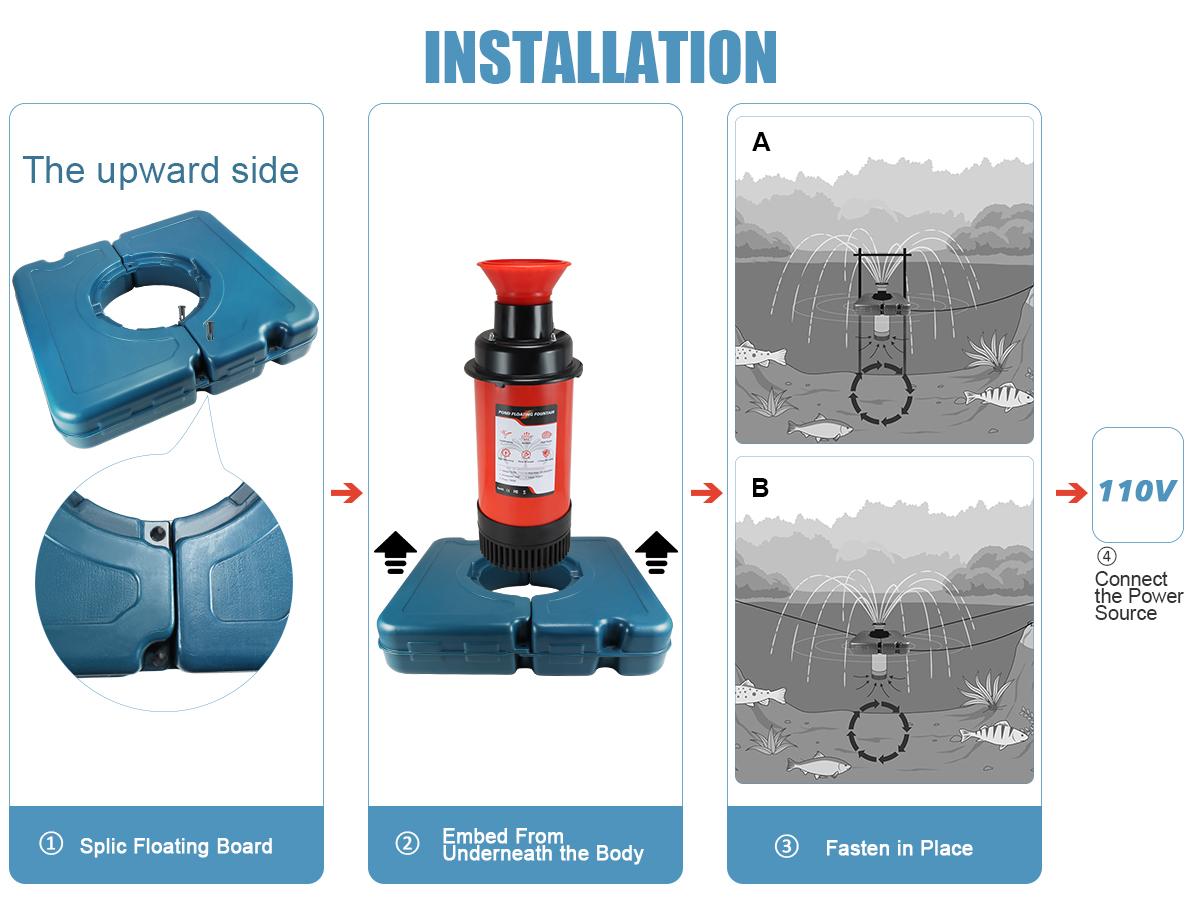 Goldlife Pond Fountain Aerator F1 Water Fountain Pump - 110V 1HP 750W 15000GPH, Without Light, 100FT Power Cord, V-Shaped Floating Pump, 2 Spraying Modes, 18" Deep Use for Outdoor Garden Lake Jet Systems,sohochic