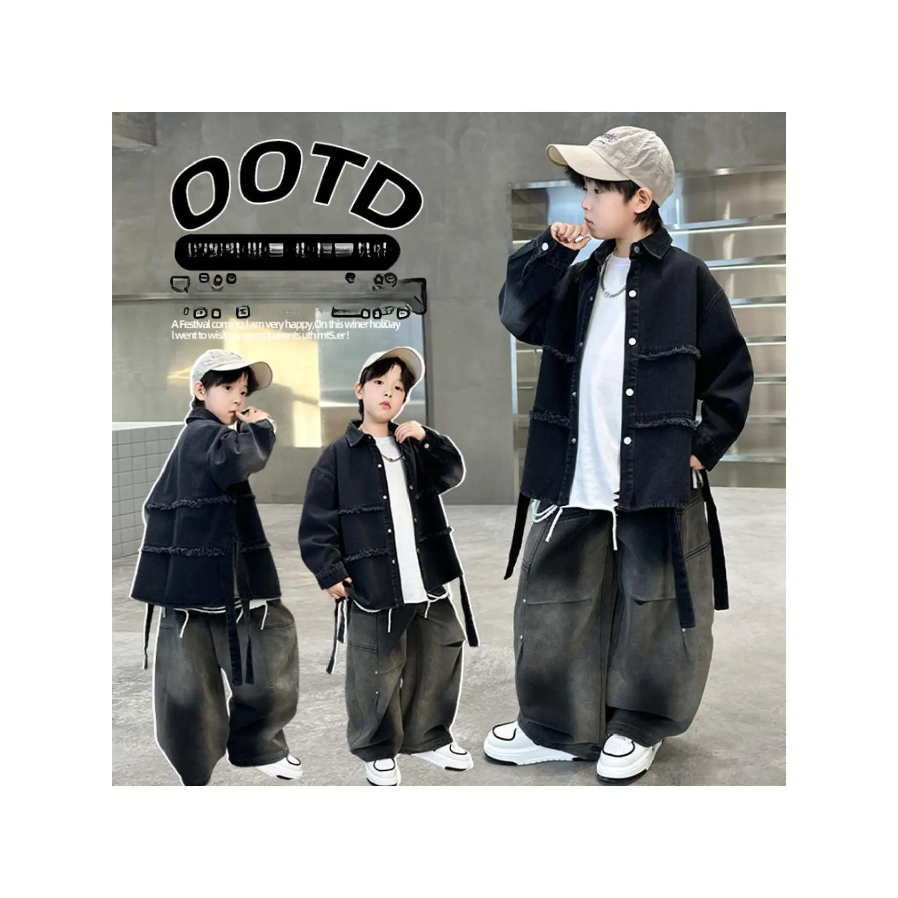 Two-Piece Denim Set for Boys with a Casual Frayed Edge And Patchwork Design