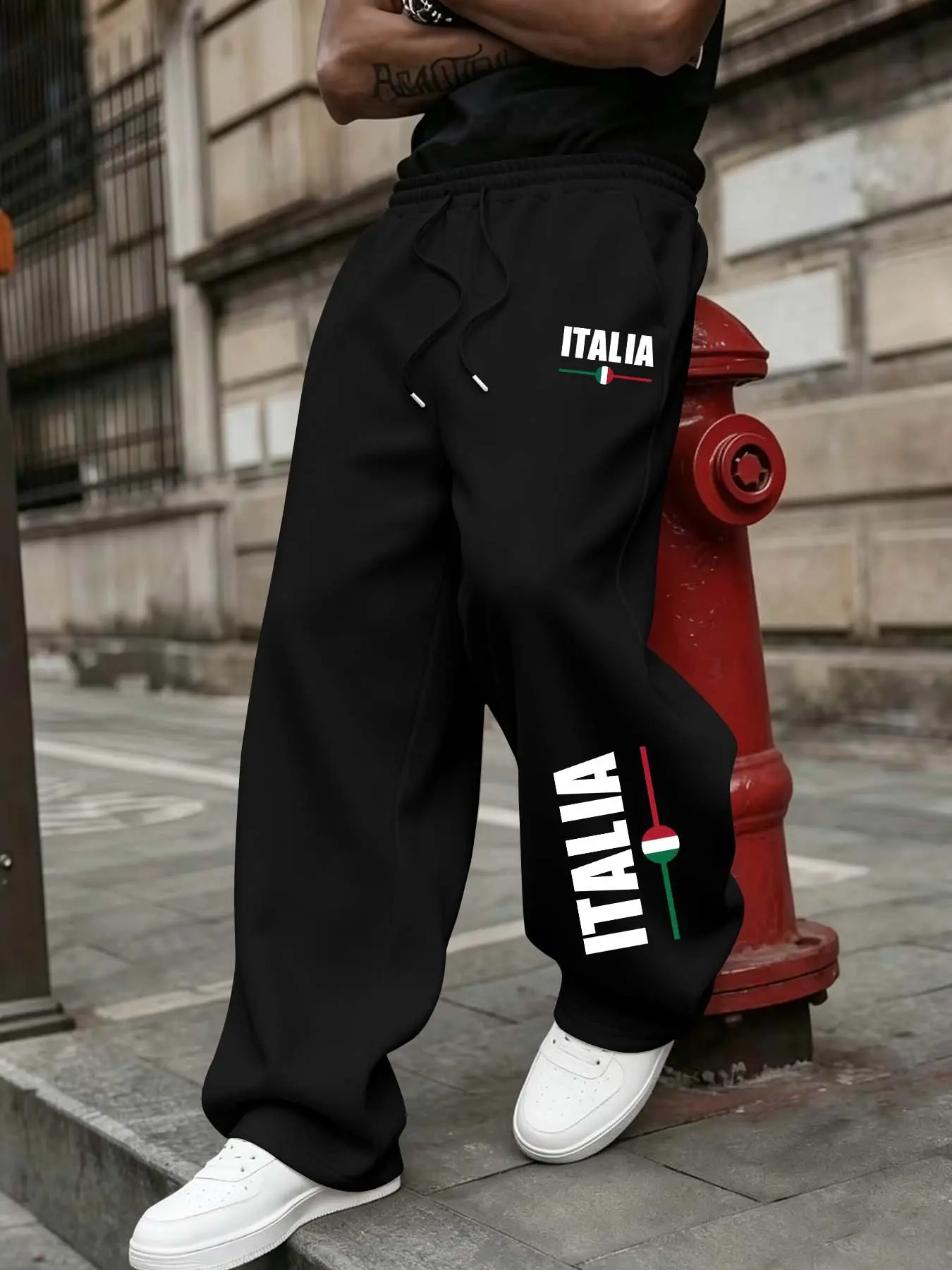 Men's Loose-Fitting Wide Leg Pants, Italian Theme Print, Elastic Waist Drawstring, Casual Fall & Winter Trousers, Comfortable and Versatile