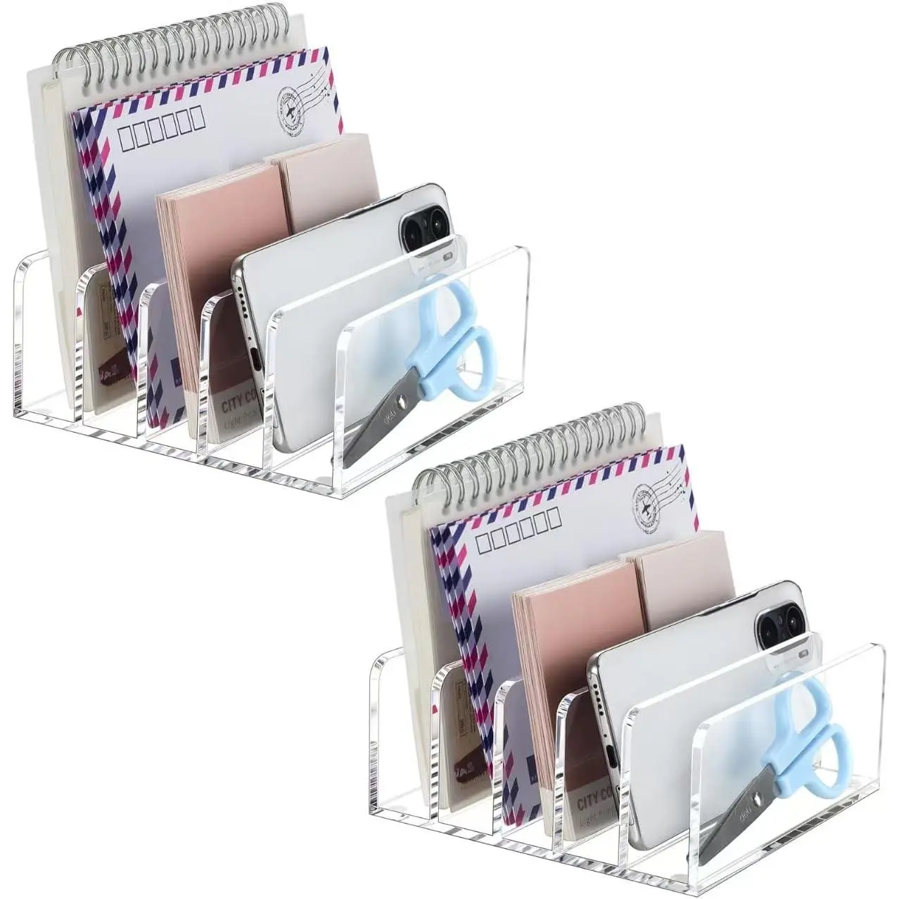 2 Pack Acrylic Mail Holder, Clear Desk Organizer with Divider, Vertical Letter Sorter for Desktop, 5 Compartments, Modern Office Home Envelope Organizer for Bills, Documents, Notebooks(Gift)