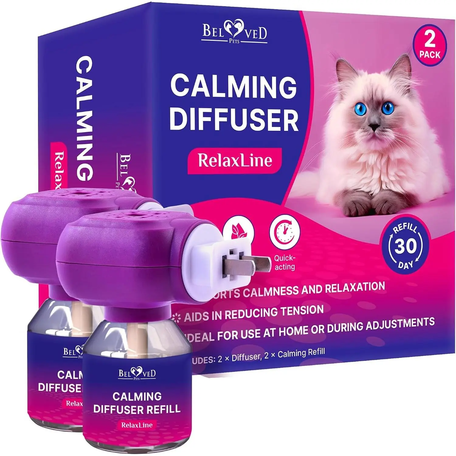Cat Calming Diffuser & Pet Anti Anxiety Products - Feline Calm Pheromones Plug in & Cats Stress Relief Comfort Helps with Pee, New Zone, Aggression (2 Pack (2 Diffusers + 2 Refills))