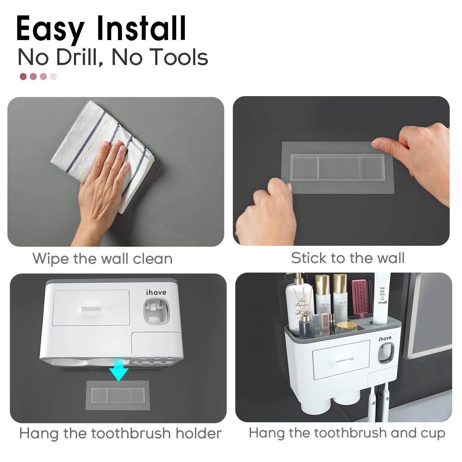 iHave Toothbrush Holders for Bathrooms, 2 Cups Toothbrush Holder Wall Mounted with Toothpaste Dispenser - Large Capacity Tray, Cosmetic Drawer - Bathroom Decor & Bathroom Accessories iHave Toothbrush Holders for Bathrooms, 2 Cups Toothbrush Holder Wall Mounted with Toothpaste Dispenser - Large Capacity Tray, Cosmetic Drawer - Bathroom Decor & Bathroom Accessories