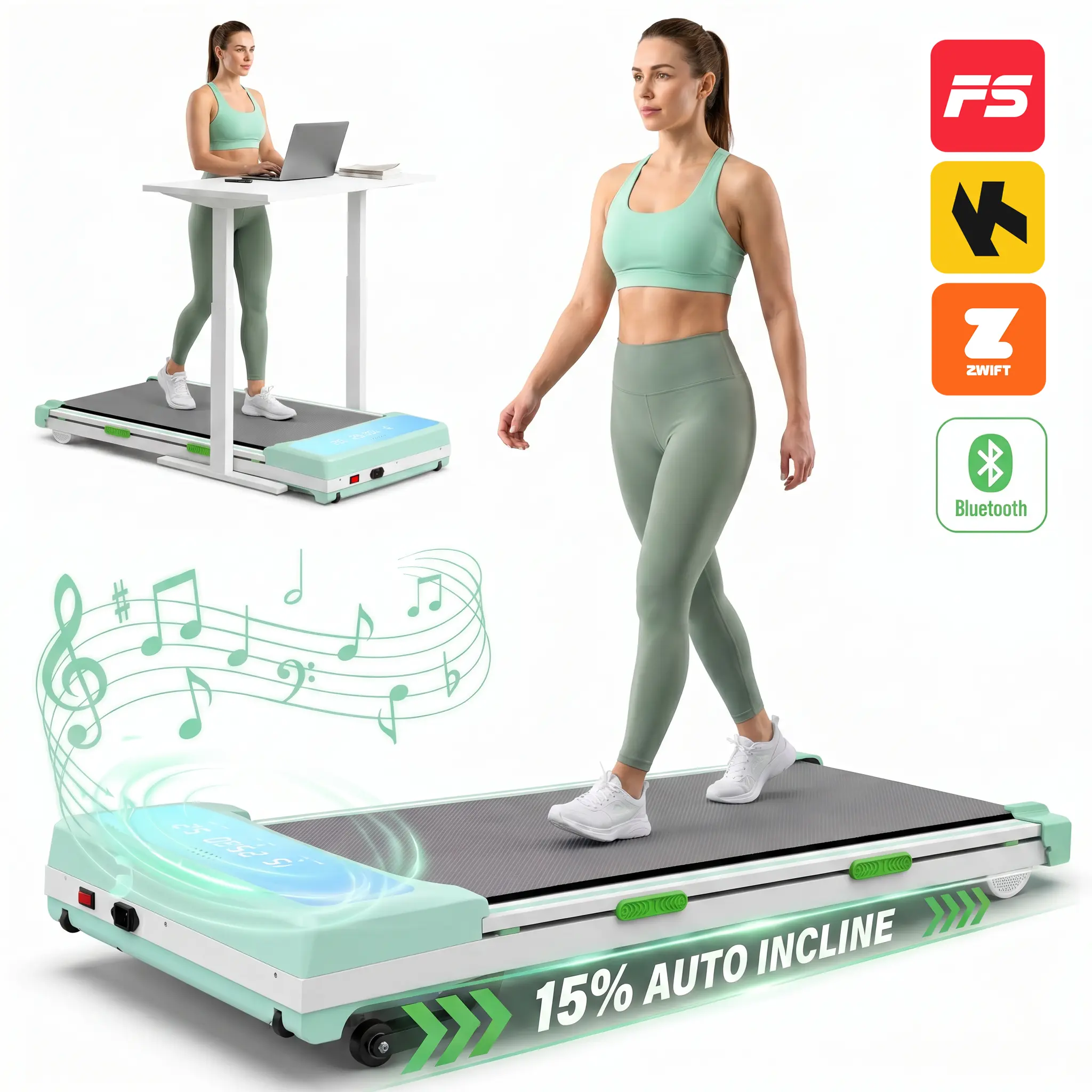 Bellemave Walking Pad Automatic Incline Treadmill - 15% Auto Incline, Compact Unisex Under Desk Cardio Machine, Space-Saving Fitness Equipment for Cardio at Home, Automatic Incline Treadmills