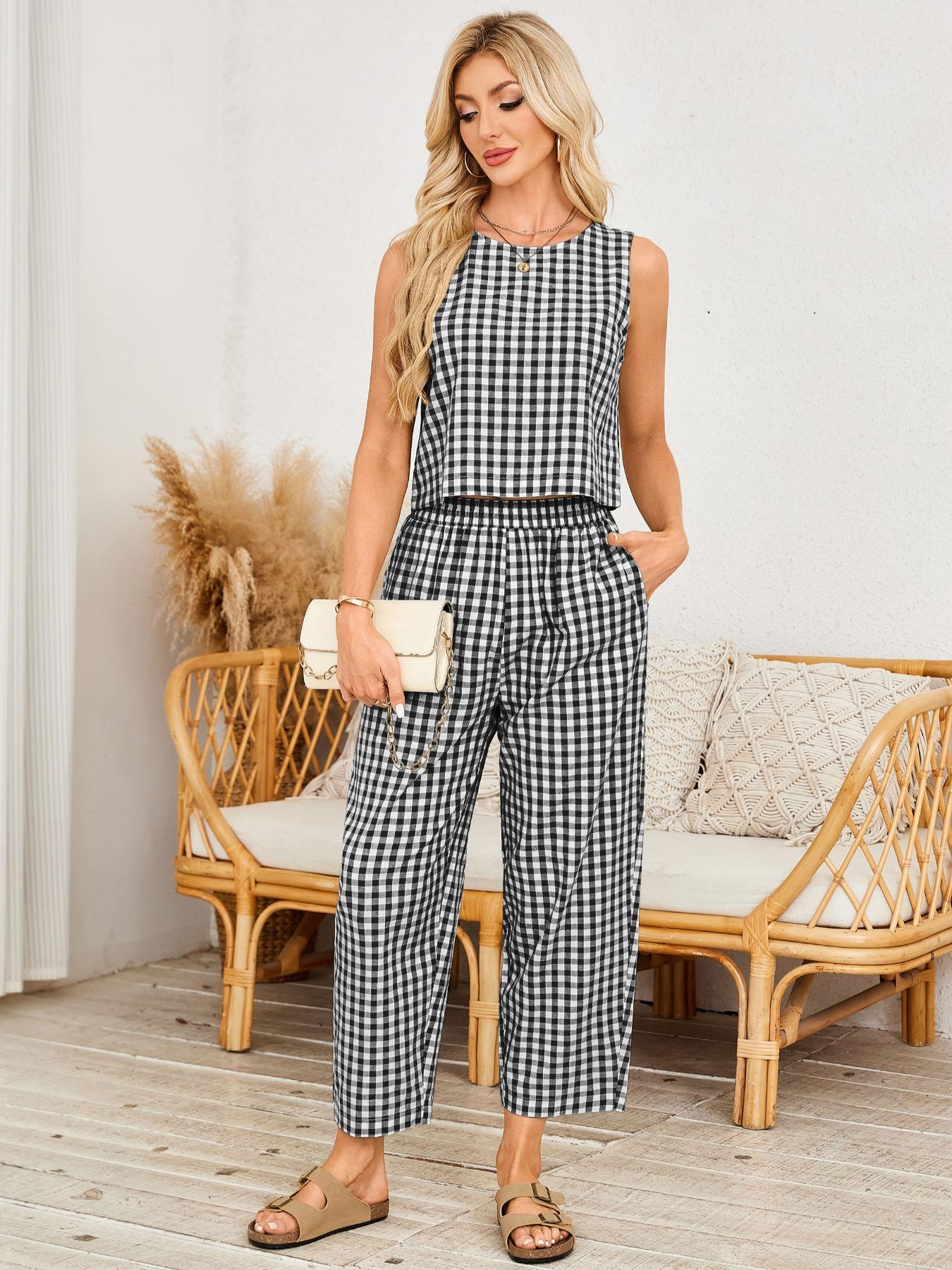 【Plus Size】 Women's Plaid Print Sleeveless Tank Top & Wide Leg Pants, Casual Two-Piece Set for Summer, Women's Clothes for Daily Wear