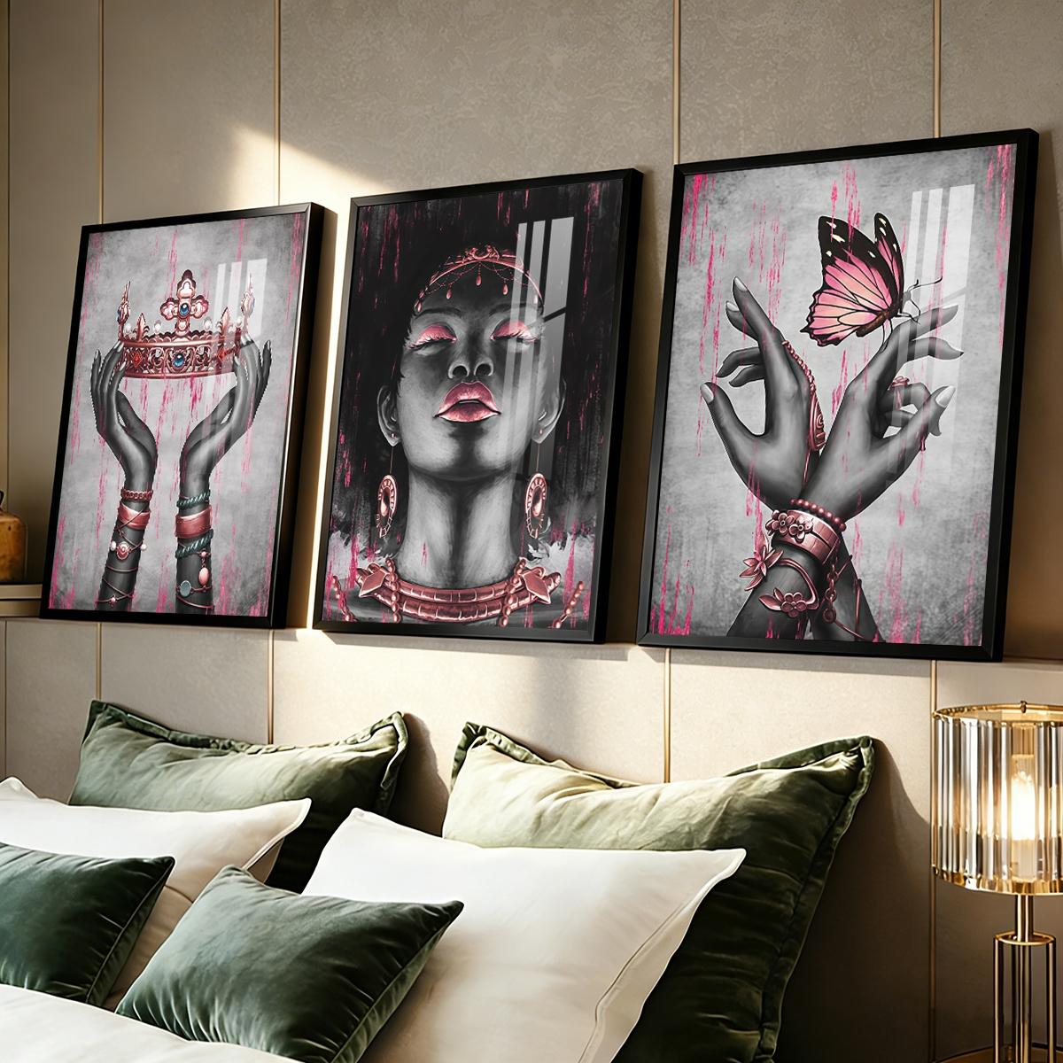 3 Counts Aluminum Alloy Framed Painting, Elegant Black And Pink Crown Butterfly Lady Artwork, Home Decoration For Living Room, Bedroom, Office, Restaurant, Hallway Wall Decor, Odorless Print Artwork, Luxury Perfect Gift For Friends And Family