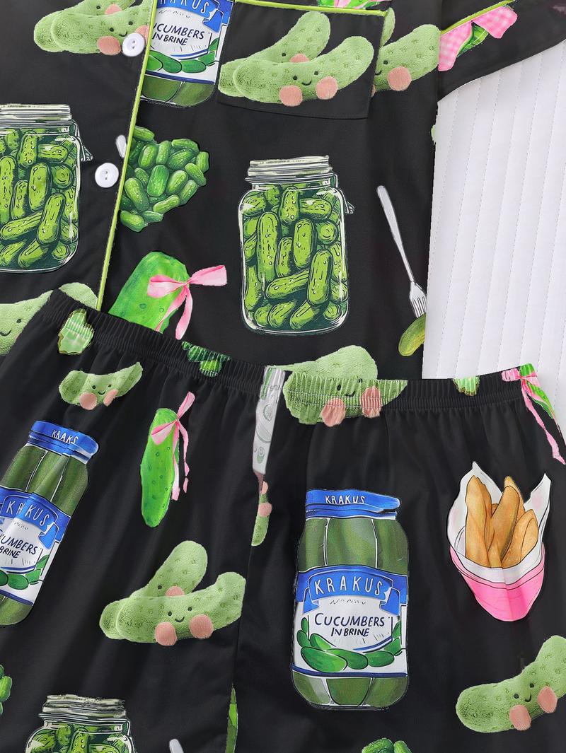 Elegant women's sleepwear set with knitted fabric short sleeved button top and shorts, pickled cucumber print home clothes, casual one-piece cartoon pattern sleepwear combination, lemon design essential short sleeved fashionable women's pocket style