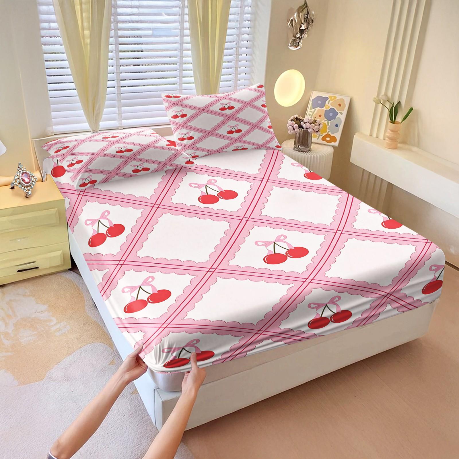 Sweet and lovely cherry-print fitted sheet set,Includes 1 Fitted Sheet & 2 Pillowcases without Filler,Fresh and adorable design,Comfortable and soft,Multiple styles available, perfect for stylish bedroom decor.