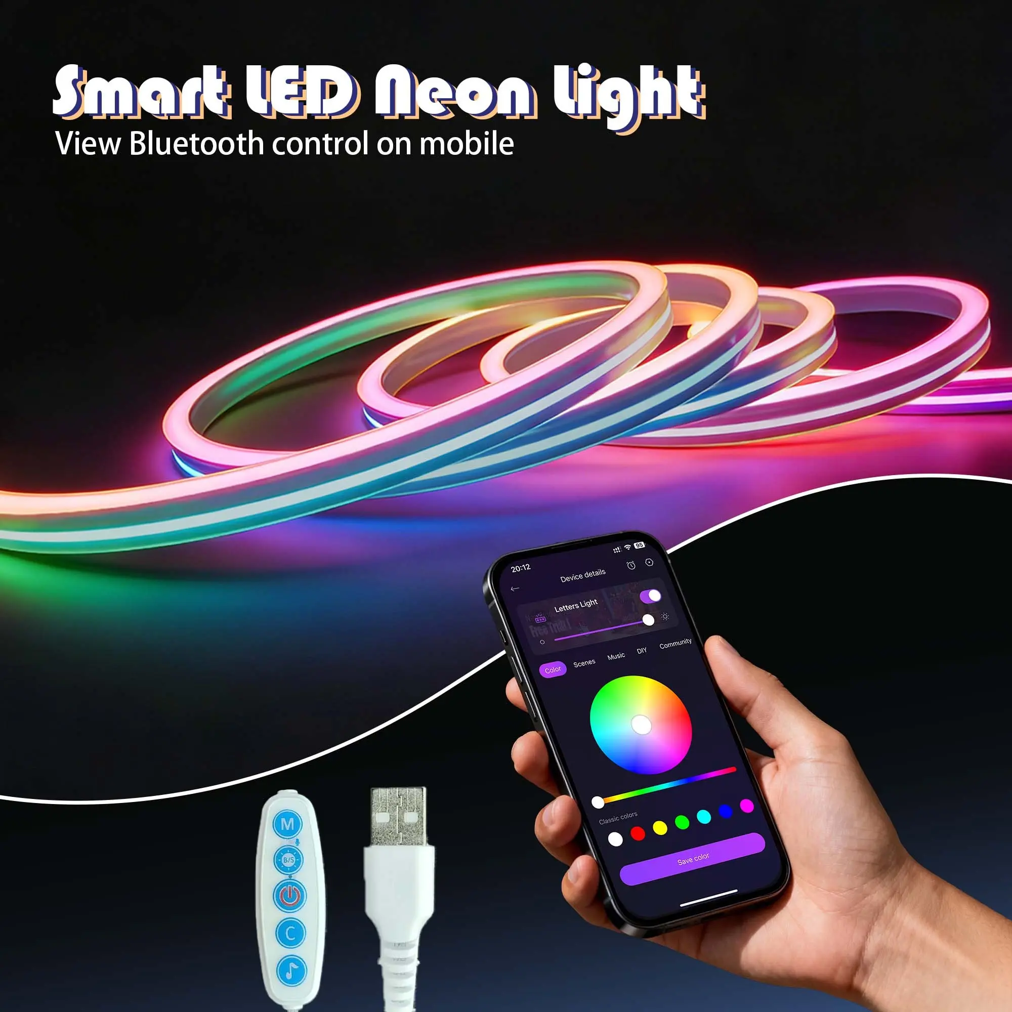 RGB Neon LED Light, Neon LED Strip Lights with Music Sync Design MeRGBW APP Remote Control Multicolor Chasing Strip Tape, Neon Lights for Gaming Room Living Bedroom Wall Decor Night Light, 9.8ft/6.5ft/3.2ft, Flexible Neon LED Light Strip