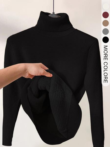 Women's Solid Thermal Lined Drop Shoulder High Neck Sweater, Casual Solid Long Sleeve Jumper For Daily Outdoor Wear, Women Knit Top for Fall & Winter Women's Solid Thermal Lined Drop Shoulder High Neck Sweater, Casual Solid Long Sleeve Jumper For Daily Outdoor Wear, Women Knit Top for Fall & Winter