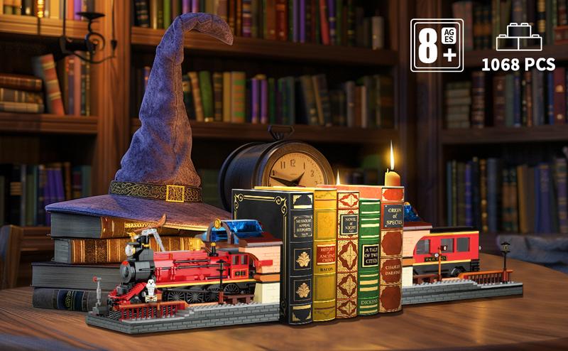 2in1 Harry Magic Train & Bookends Building Set, Valentine's Day gifts Home Decorative Building Block Toy, Ideal Collectible & Display Building Toys for Adults & Children,Cool Bookshelf Organizer & Home Decor 1068PCS  vdaygift