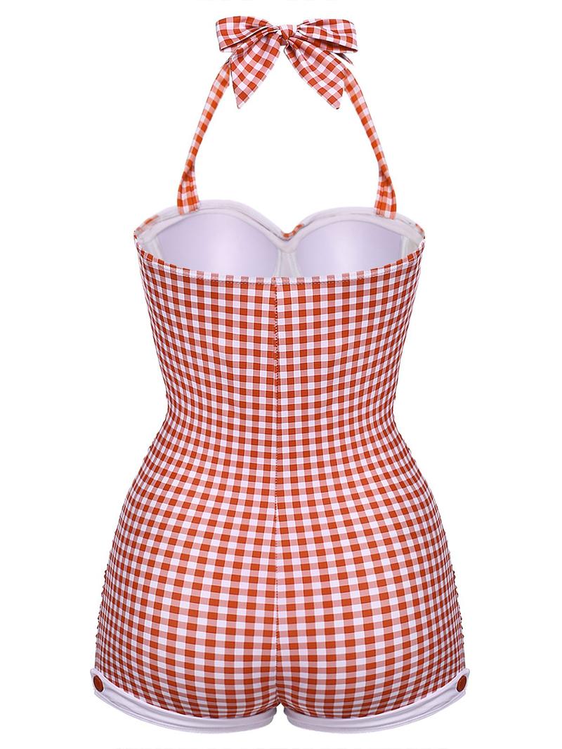 GINGHAM 1950S HALTER BOWKNOT ONE-PIECE WOMENSWEAR SWIMSUIT Swimoutfit Swimmingsuits