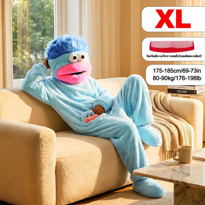 Funny Onesie Party, Comfortable Hooded Flannel Pajama Set, 3-Piece Includes Pajamas Comb Shoe Covers, Cute Monster Design