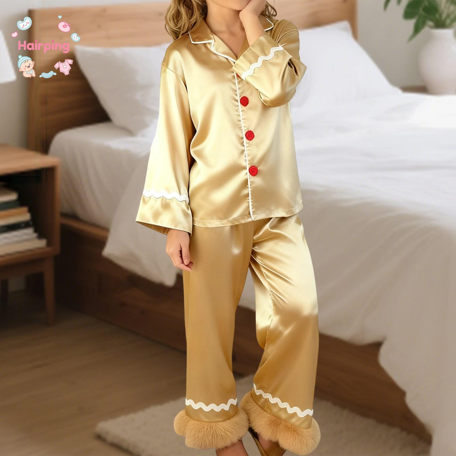 Mommy and Me Matching 2-Piece Satin Pajama Set, Polyester Clothes with Long Sleeves, Button-Down Lapel Tops & Pants, Gingerbread Man Christmas Family Gift Set for Baby & Maternity, Matching Set