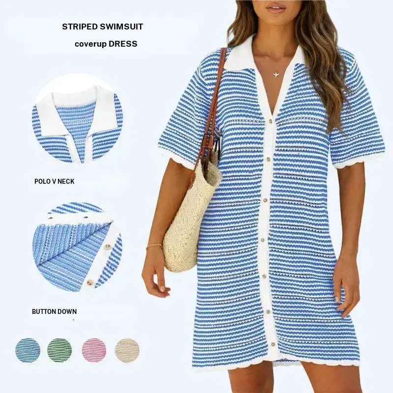 Imily Bela Womens Striped Swimsuit Coverup Crochet Hollow Out Summer Button Down Short Sleeve Beach Vacation Mini Dress