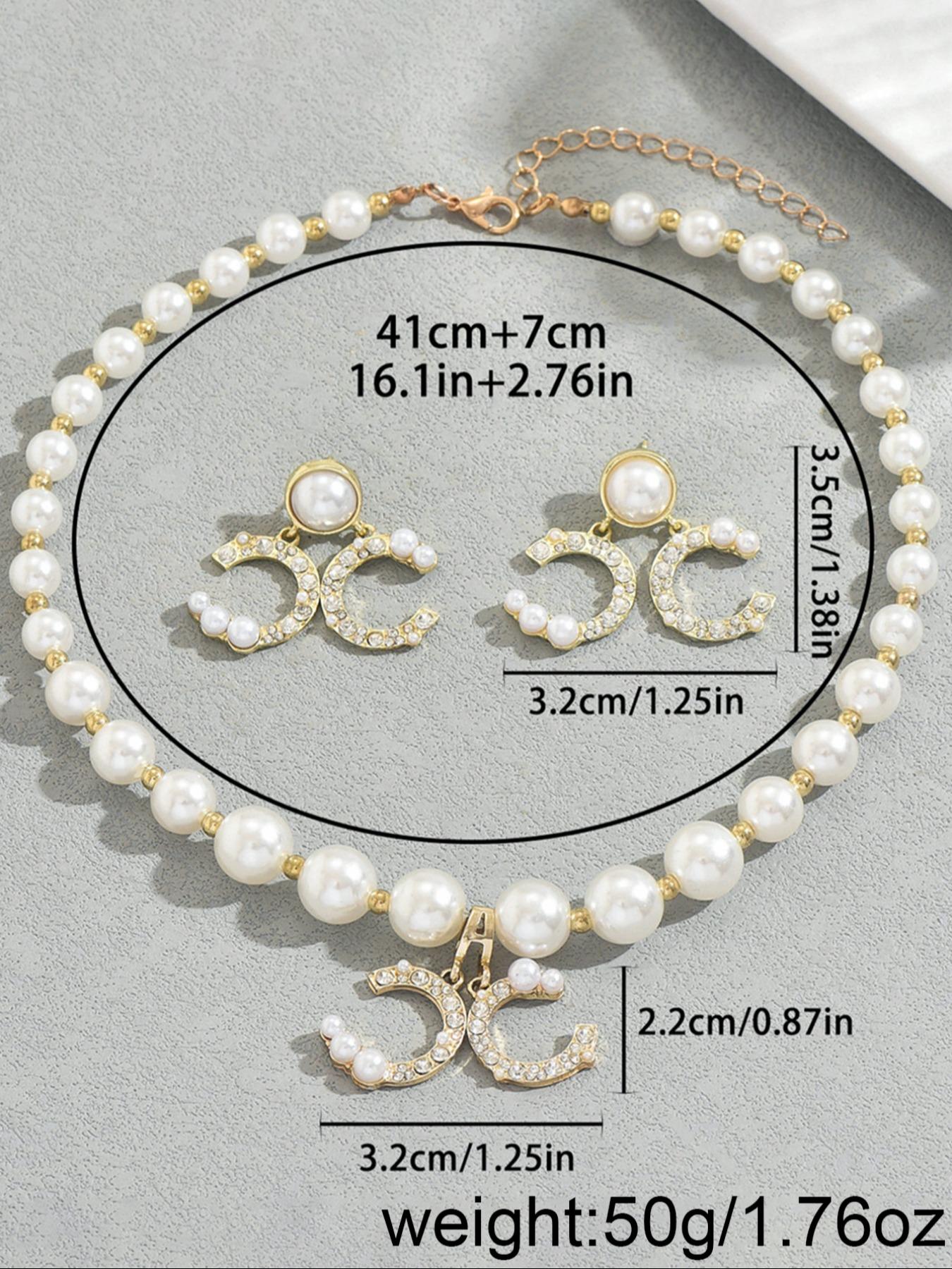 Women's Necklace Set, Geometric C-Shape Diamond Design Earrings Long Pearl Chain, Elegant Jewelry Gift for Her