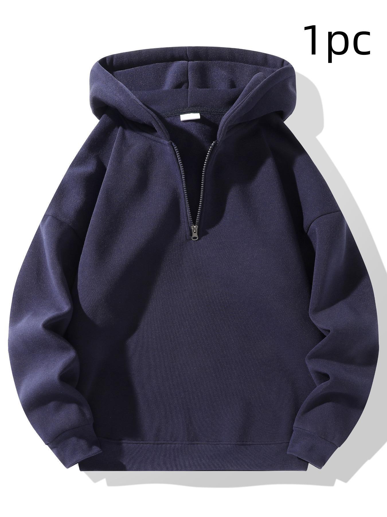 Men's Plain Half Zip Drop Shoulder Essentials Hoodie, Street Fashion Hoodie, Regular Fit Casual Long Sleeve Hooded Sweatshirt for Fall & Winter, Men's Clothes for Daily Wear