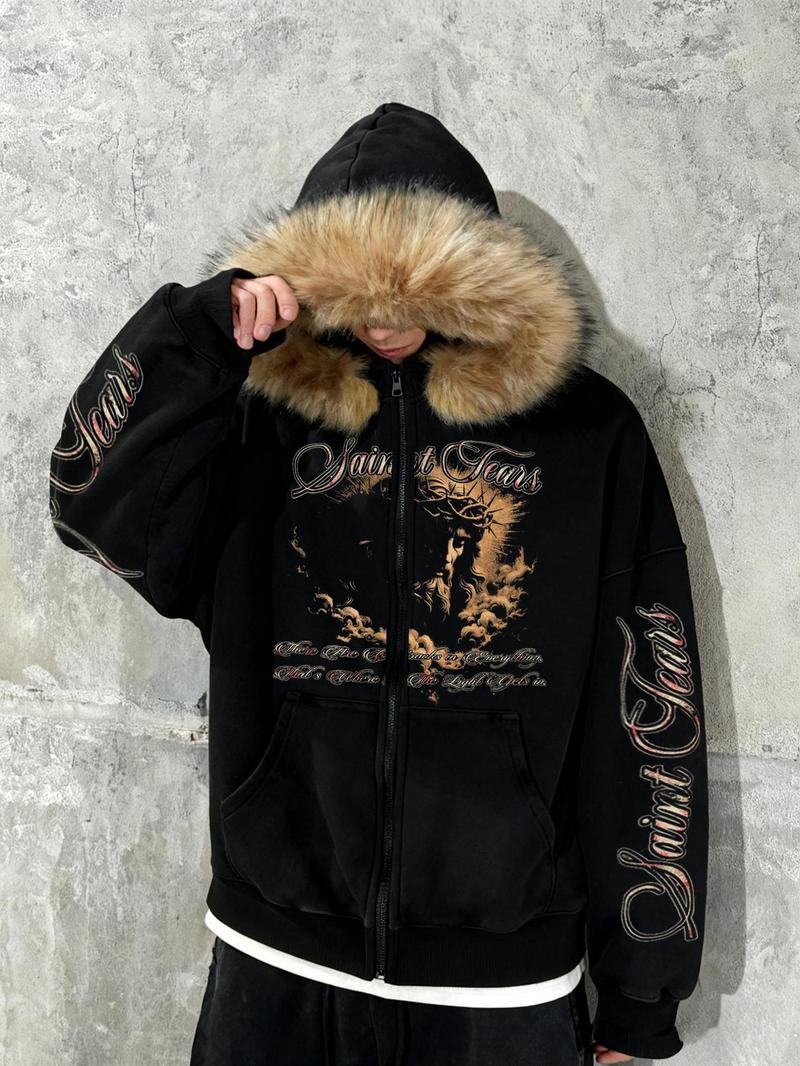 Unisex Y2K SaintTears with a print of Jesus wearing a crown of thorns Hooded Jacket, Fleece Lined, Zipper Design, Street Fashion, Warm and Stylish, Outdoor and Daily,Couple outfits, warm clothing, gothic style, Y2K style Wear
