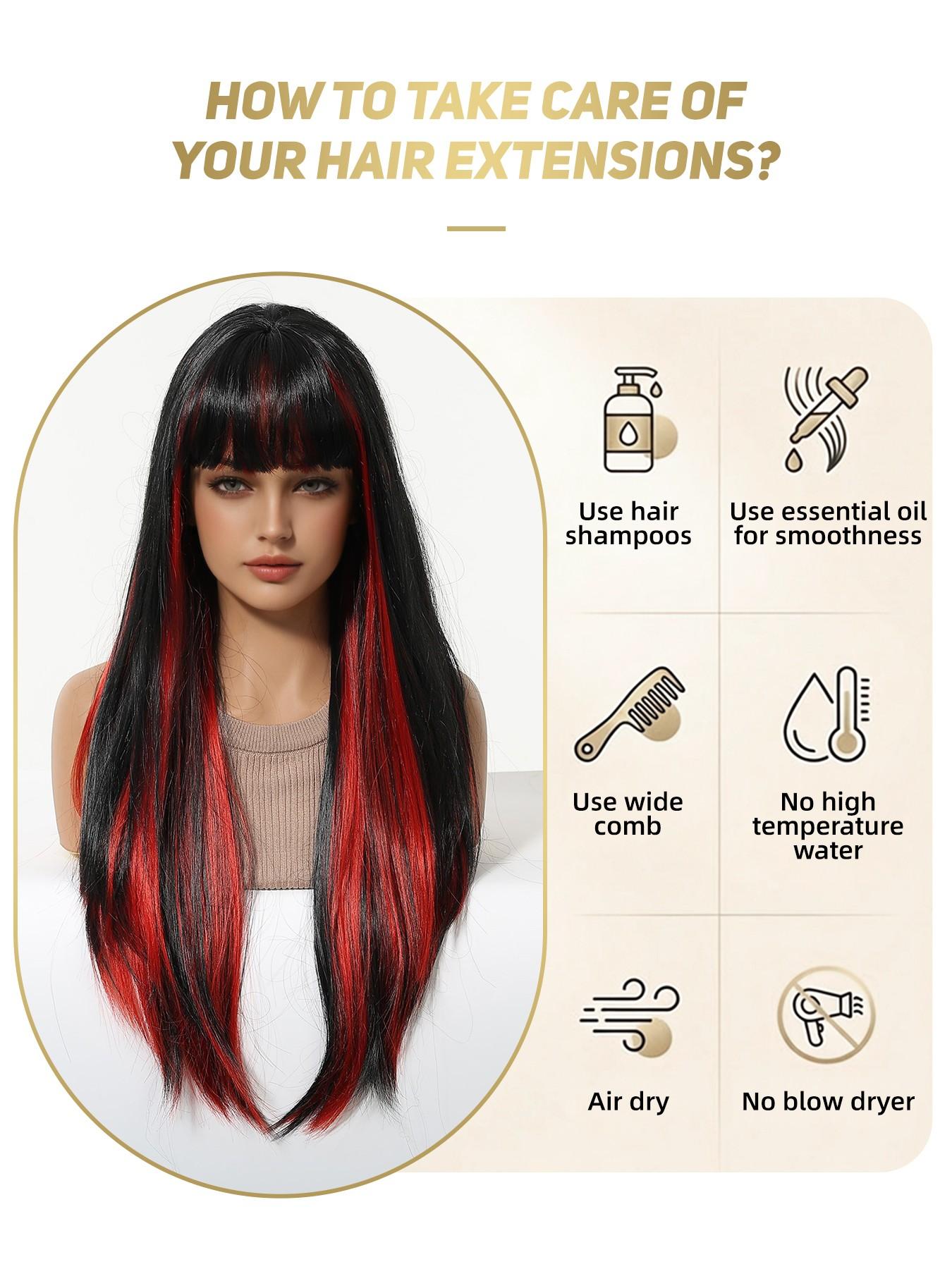 Ultra-Long Straight Wig 26 Inches, Wine Blend Color, Full Bangs, Natural Hairline, Layered Inner Curl, Women's Fashion Wig, Synthetic Wigs