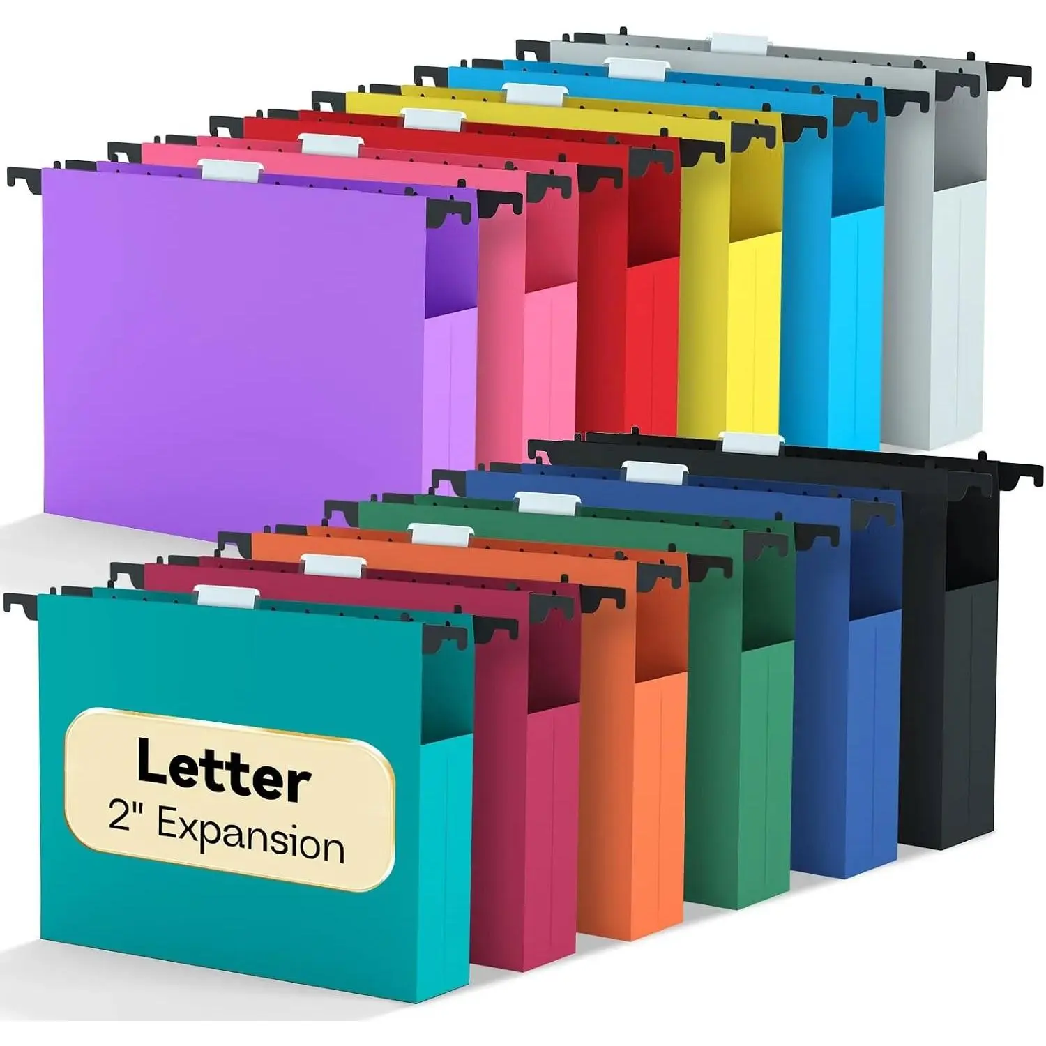 Extra Capacity Hanging File Folders Letter Size,12 Pack Plastic Heavy Duty Hang Folder for File Box Frame,2" Expandable File Cabinet Folders with Tabs,Colored Office Hanging File Organizer