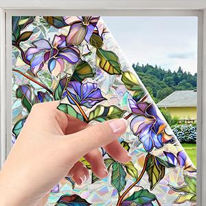 Rainbow Floral Window Privacy Film Sun Blocking 3D Decorative PVC Stained Window Decals Non-Static Cling Sticker for Home Office, 16.93 x 39.37 Inch.