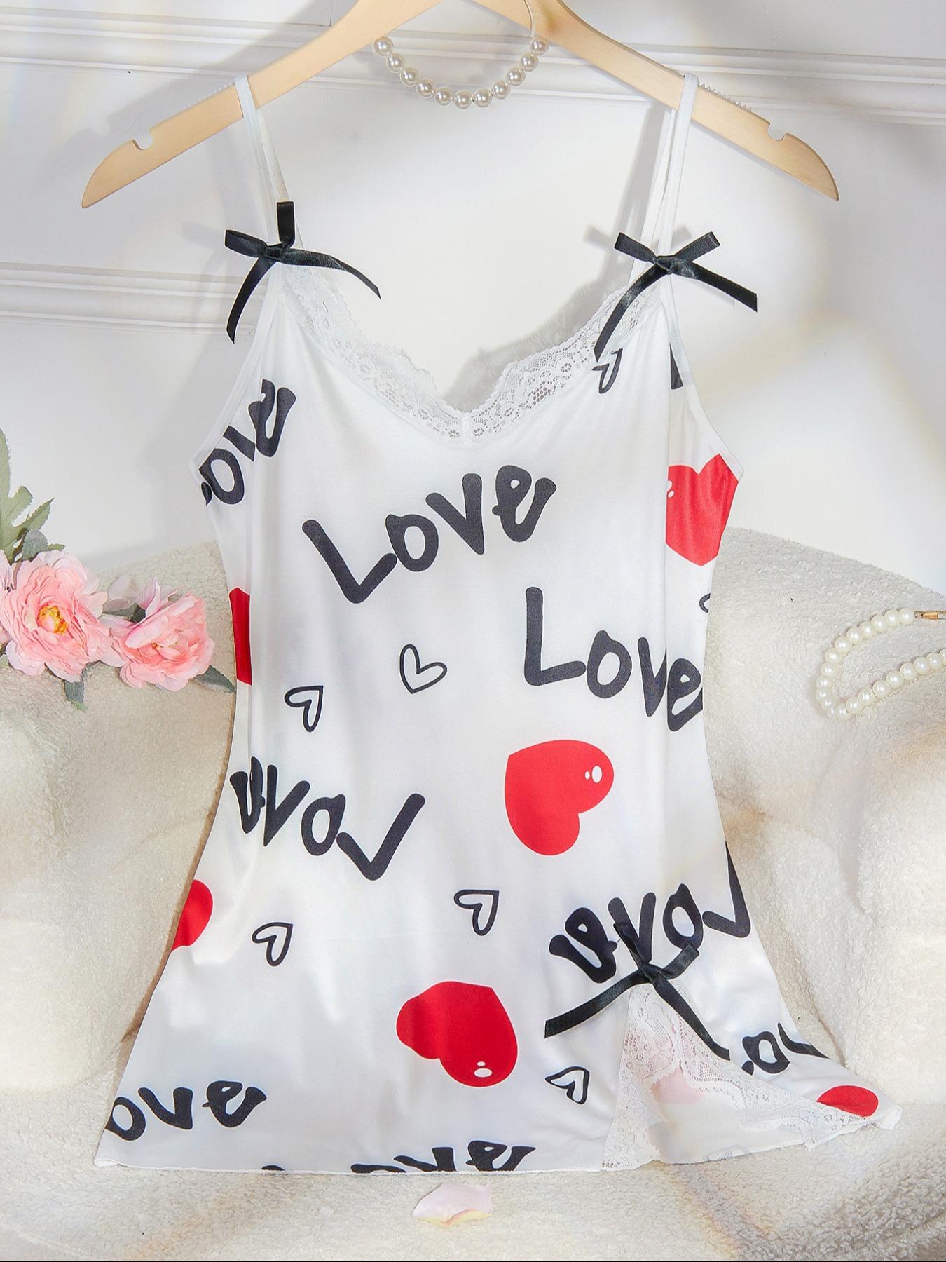 Women's Leopard Print Bow Decor Contrast Lace Cami Nightdress, Elegant Adjustable Spaghetti Strap Backless Split Hem Nightgown, Soft Comfortable Sleepwear for Women