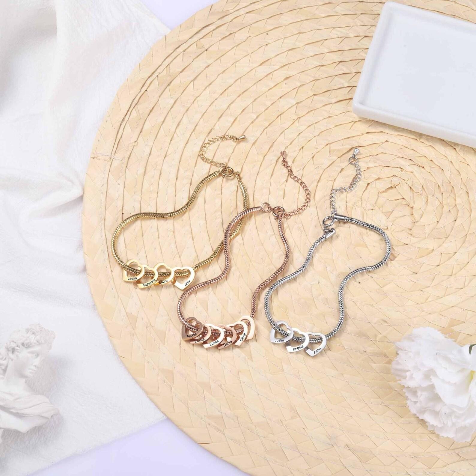 AS976 Personalized Mom Bracelet with Kids Names, Custom Heart Charm Bracelet, Engraved Name Jewelry,  Gift for Mom Grandma
