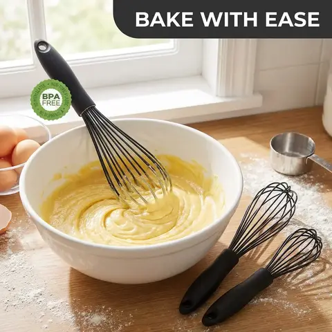 Silicone Whisk Set, 3 Counts/set Whisk with Handle, Egg Beater, Kitchen Utensils for Mixing, Beating, Whisking, Baking Tool, Baking Supplies, Kitchenware