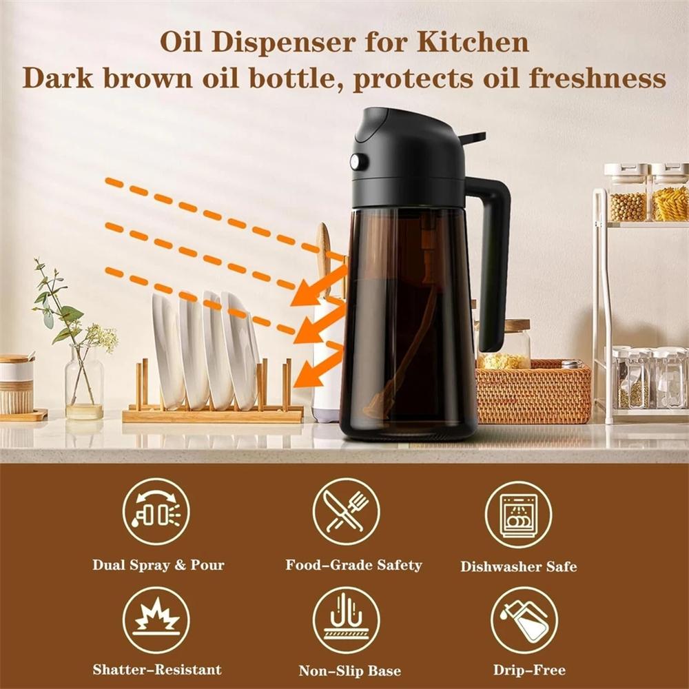 Two-in-one glass oil distributor and sprayer - 16-ounce leak-proof olive oil spray bottle, suitable for cooking, air fryers, grilling, baking and salad making, brown bottle