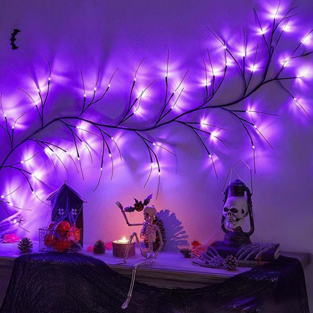 1.8M Purple 54 LED Artificial Willow Vine Light Bendable Branch Design 8 Lighting Modes for Bedroom Living Room Wall Fireplace Halloween Decoration Ghost Theme Party
